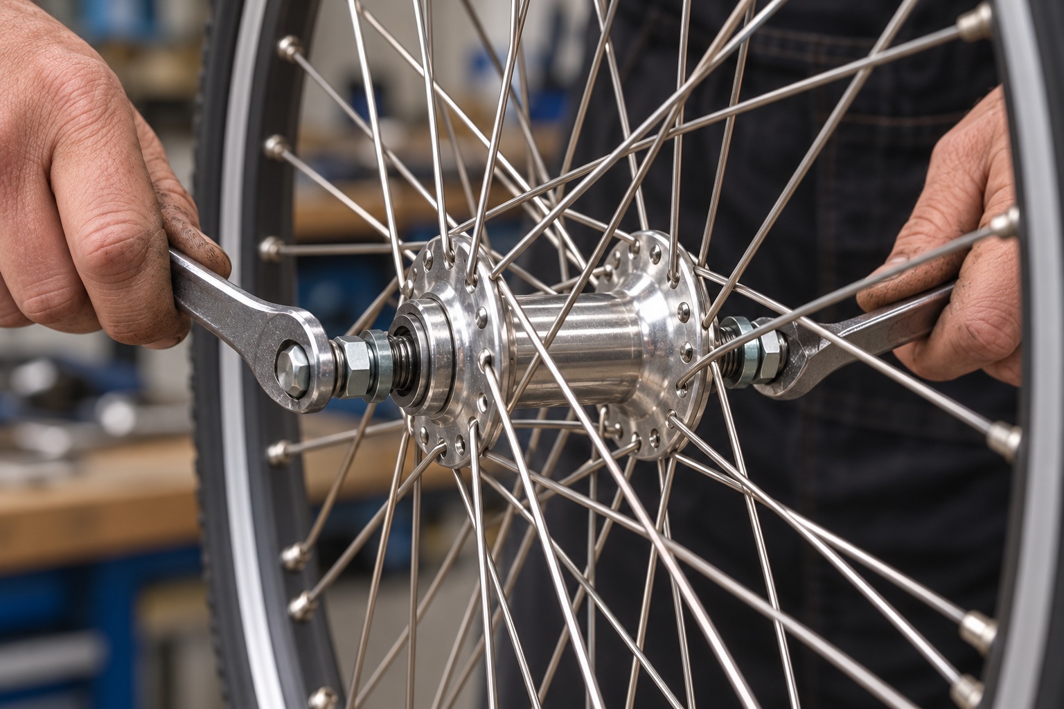 Mecánico ajustando el eje de una maza instalada en el centro de una rueda de bicicleta